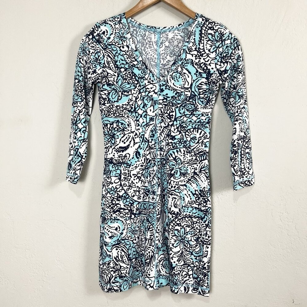 Lilly Pulitzer Juliet Mini Dress Hippy Happy Shake Pima Cotton Blue Size XXS